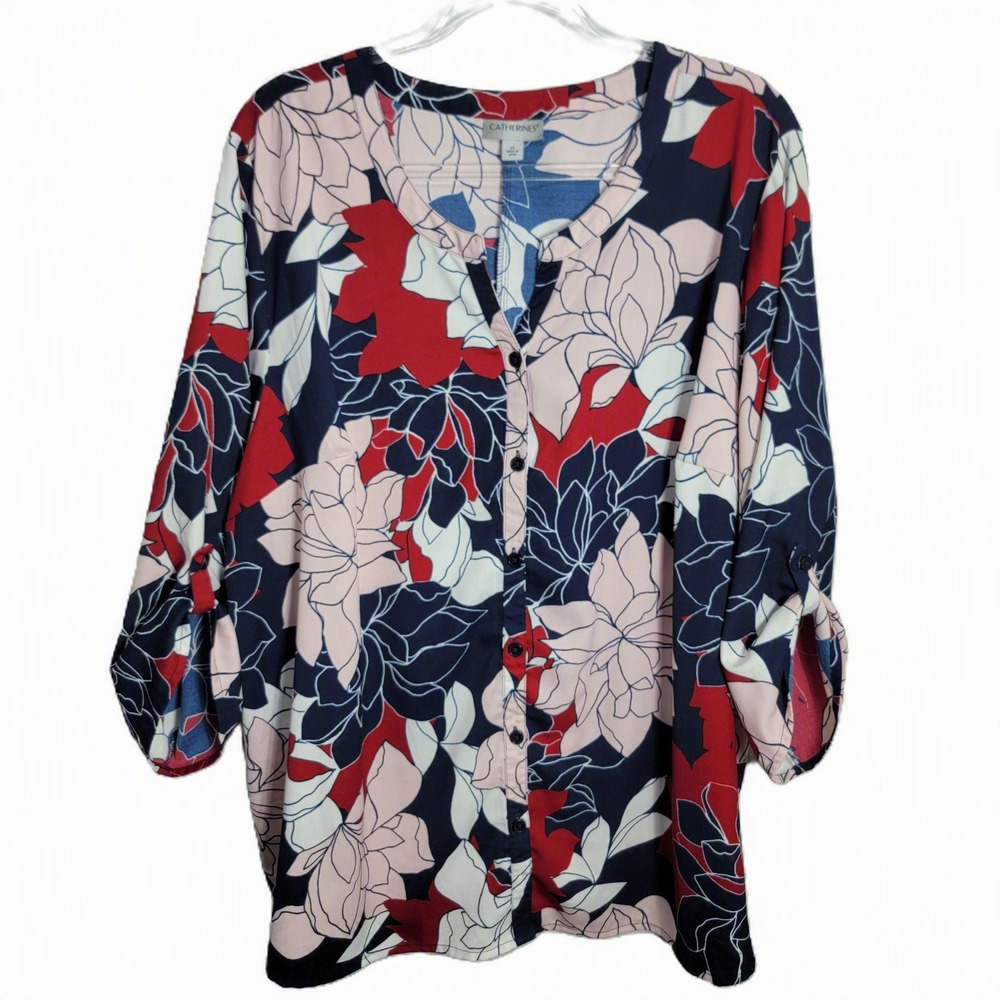 Catherines Womens‎ 2X Blouse Navy Red Floral Roll Tab 3/4 Sleeve Split Neck Top